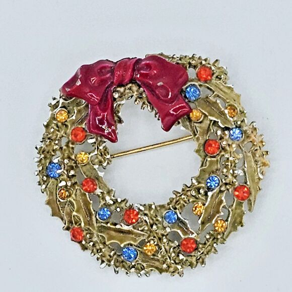 ART Christmas Wreath Brooch Vintage Enamel Signed Holiday Arthur Pepper Jewelry - Picture 7 of 11